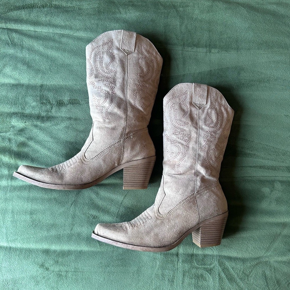 Faux suede cowboy boots with copper stitching